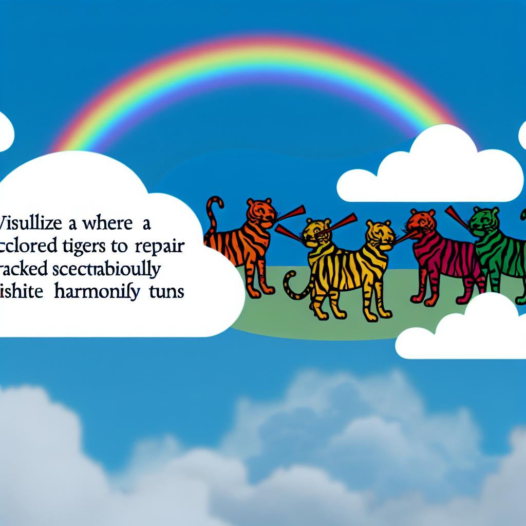 Imagine a group of colorful tigers trying to mend a broken rainbow while strawberries serenade with their melodic whistling.