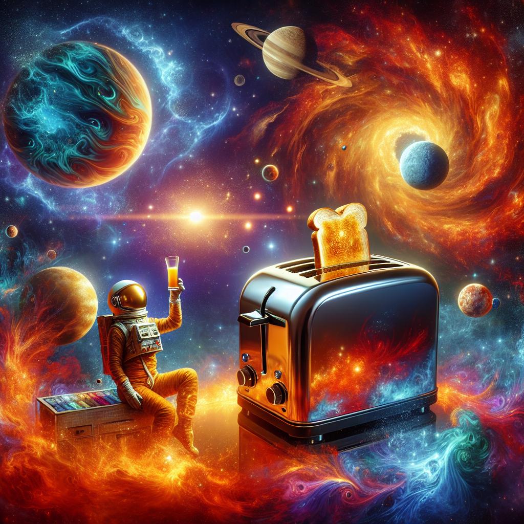 Imagine a toaster floating amidst swirling planets, gathering warm energy from the stars, while you stand at the edge of the universe raising a toast to life.