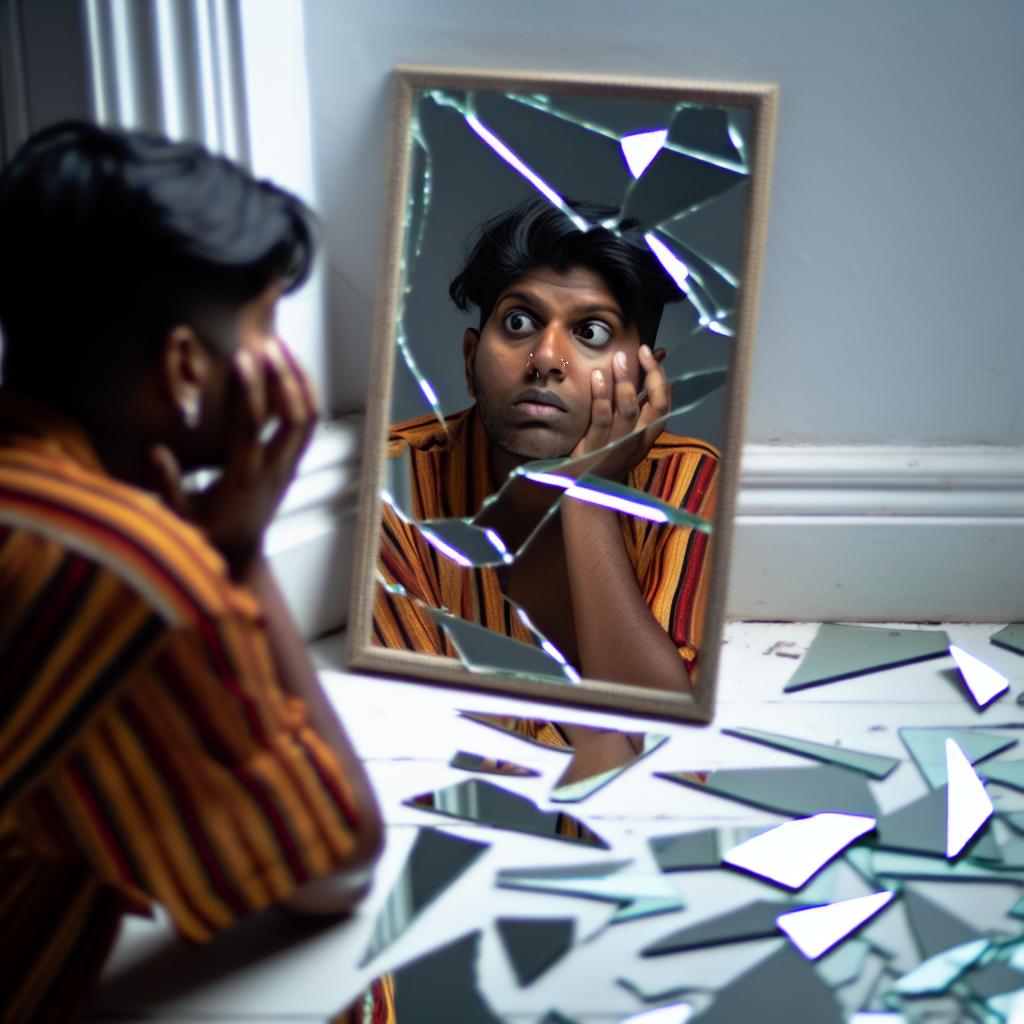 A person staring at their reflection in a fragmented mirror, unsure of whether what they see is real or distorted.