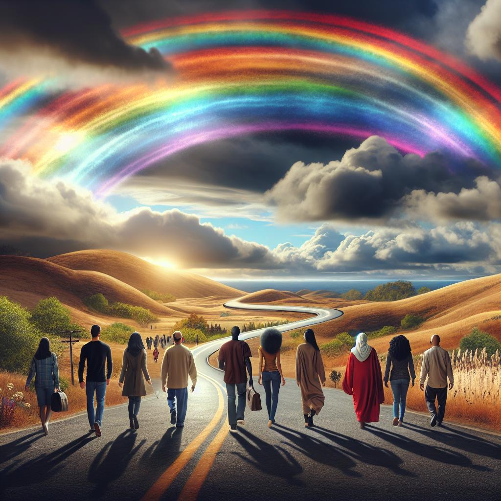 Imagine a winding road, adorned with storm clouds and rainbows where resilient souls overcome challenges and find joy in the triumphs of life.