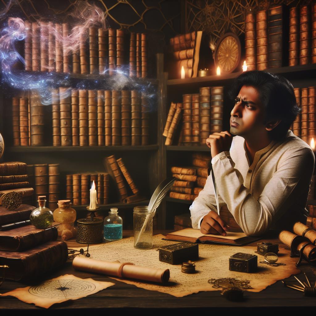 An alchemist pondering the mysteries of the universe, surrounded by books and magical potions.