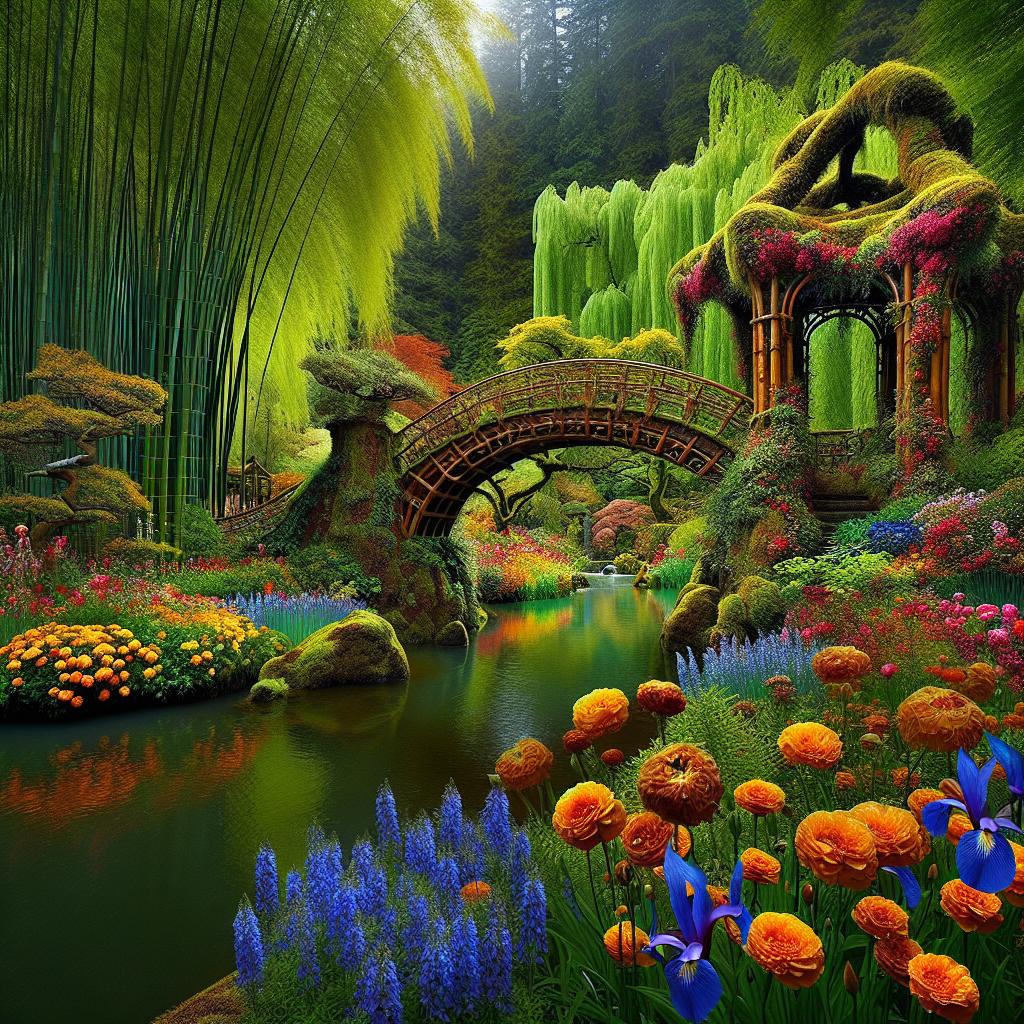 In a bamboo forest, through weeping willows lining a sparkling river, one remarkable bridge supports a garden of vibrant flowers that climb towards the sun.