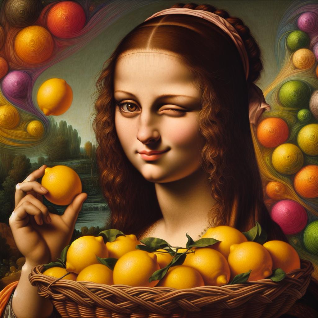 Picture a Mona Lisa holding a basketful of lemons, winking mischeviously, as cheerful circus colors dance around her.