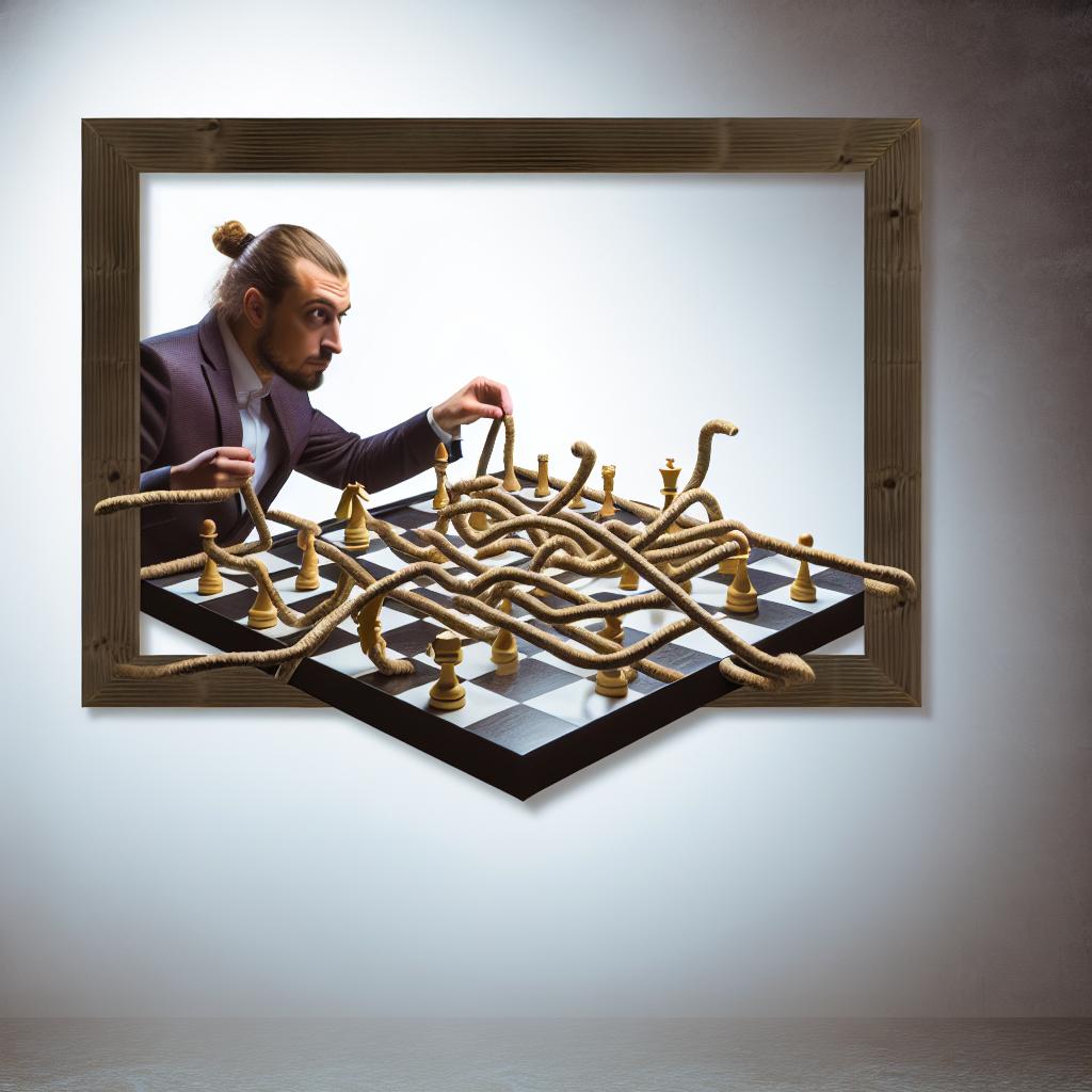 Imagine someone strategizing on a chessboard interwoven with ropes, having to tediously navigate their way through tricky paths without getting entangled.