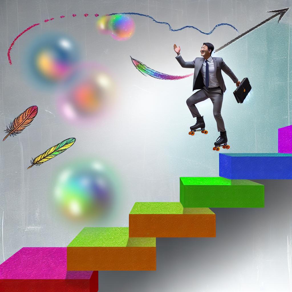 Imagine a person treading atop a multicolored staircase, wearing roller skates and effortlessly maneuvering through whimsical obstacles, remaining resilient and optimistic despite quirky challenges along the way.