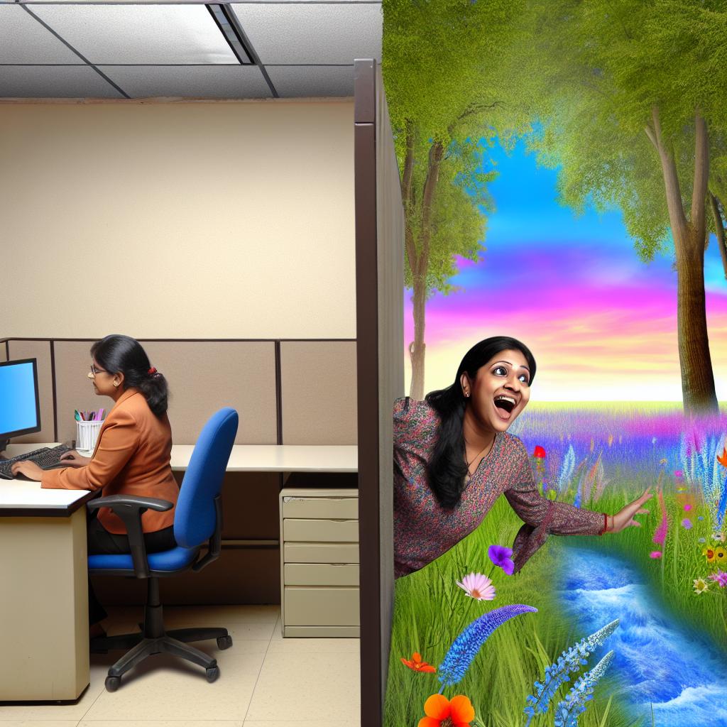 Imagine a person escaping a dull office cubicle to a bright and lively outdoor setting, where they are surrounded by inspiration and joy.