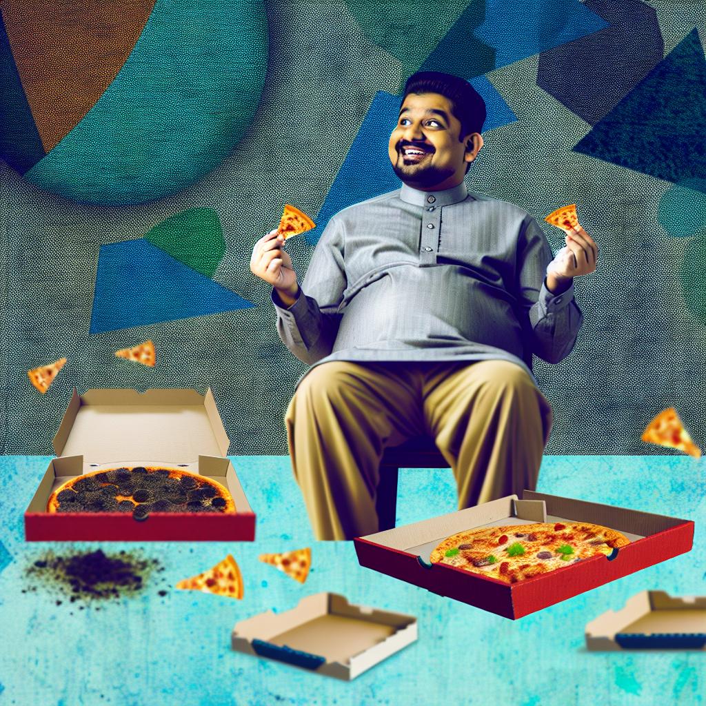 A comical image depicting someone surrounded by multiple empty pizza boxes, clearly having indulged a little too much.