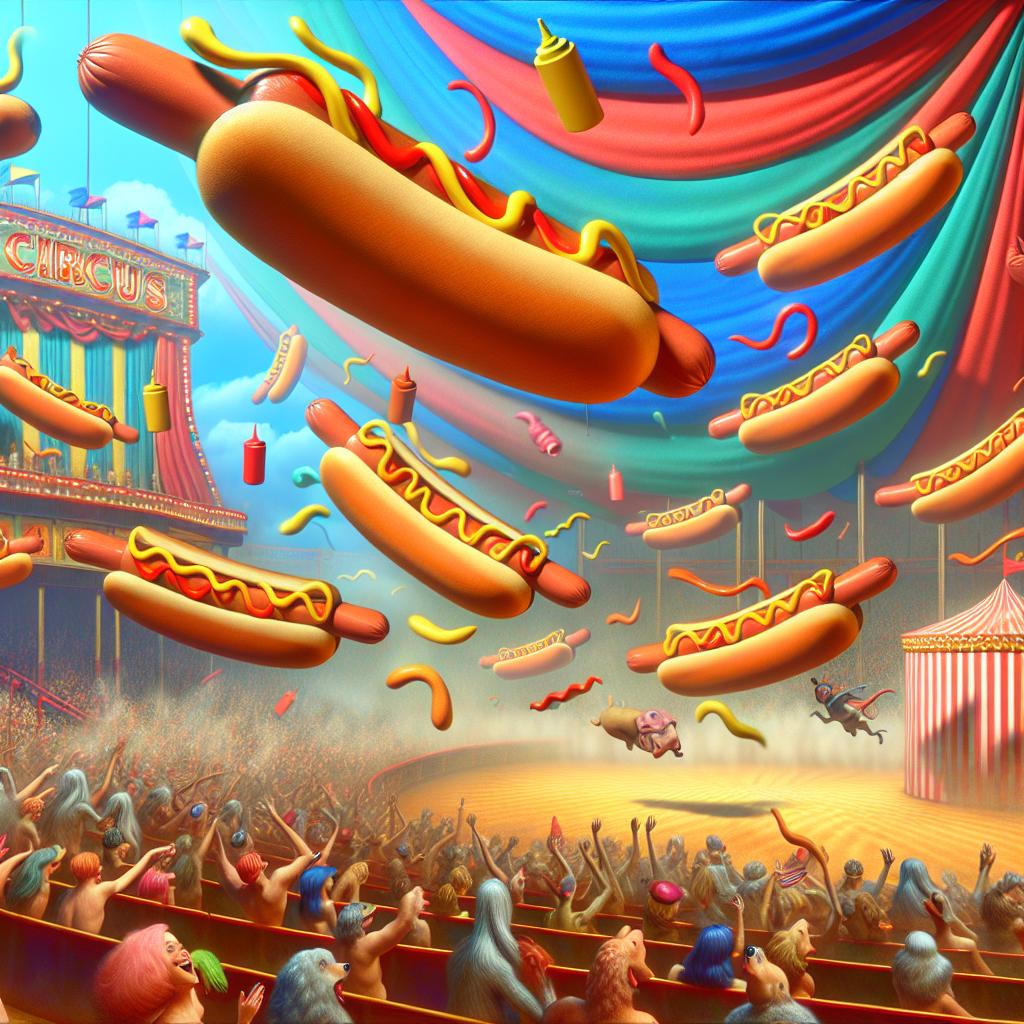 In a surreal circus setting, hotdogs come to life and jubilantly glide through the air, leaving behind a trail of kicky condiments.