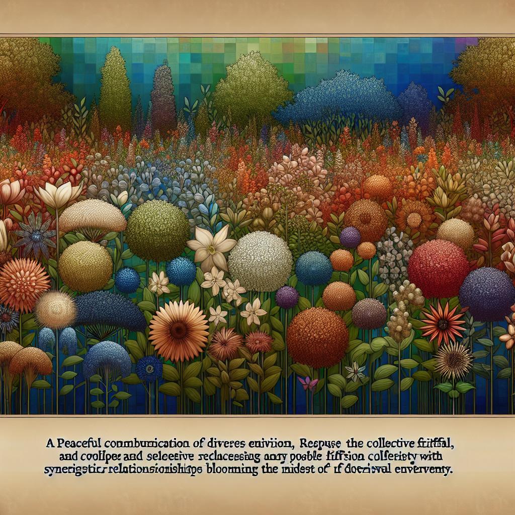 Imagine a serene garden filled with vibrant flowers of diverse colors and shapes, symbolizing the harmonious blend of individuals coming together in the workspace, transforming potential conflict into collective achievement.