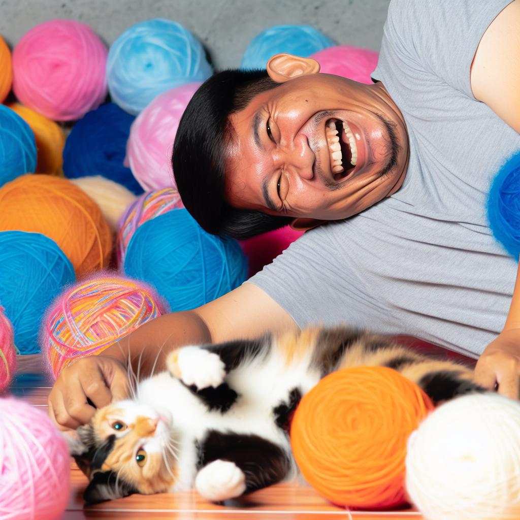 A person lying on the floor laughingly tickles a cat's belly while surrounded by fuzzy balls of yarn.