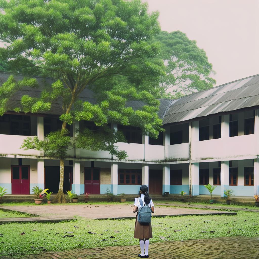 A lone student standing outside the courtyard of a school, gazing at nature's library of limitless lessons.