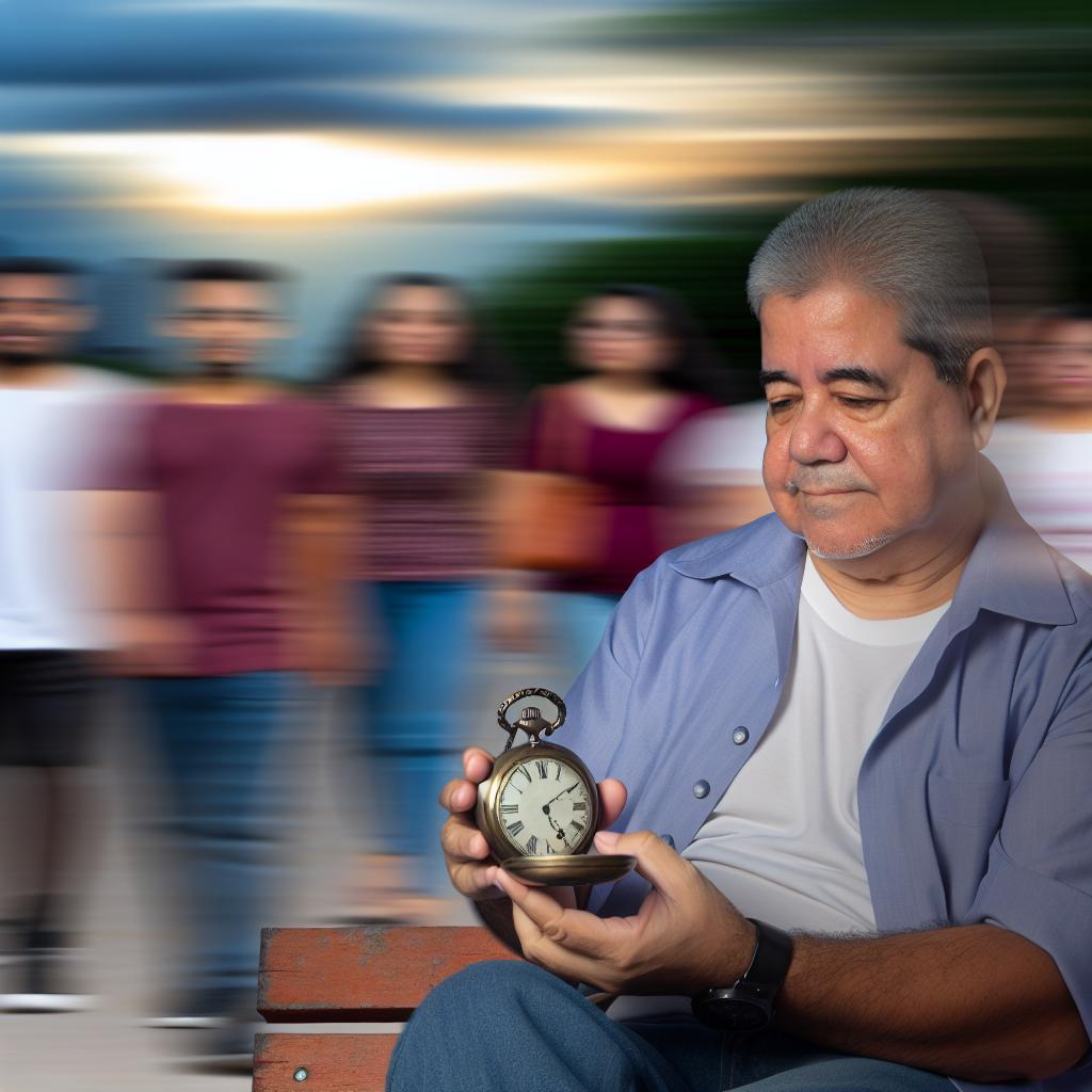 A person sits on a park bench, looking expectantly at their watch, as all the hours pass them by in a blurred motion.