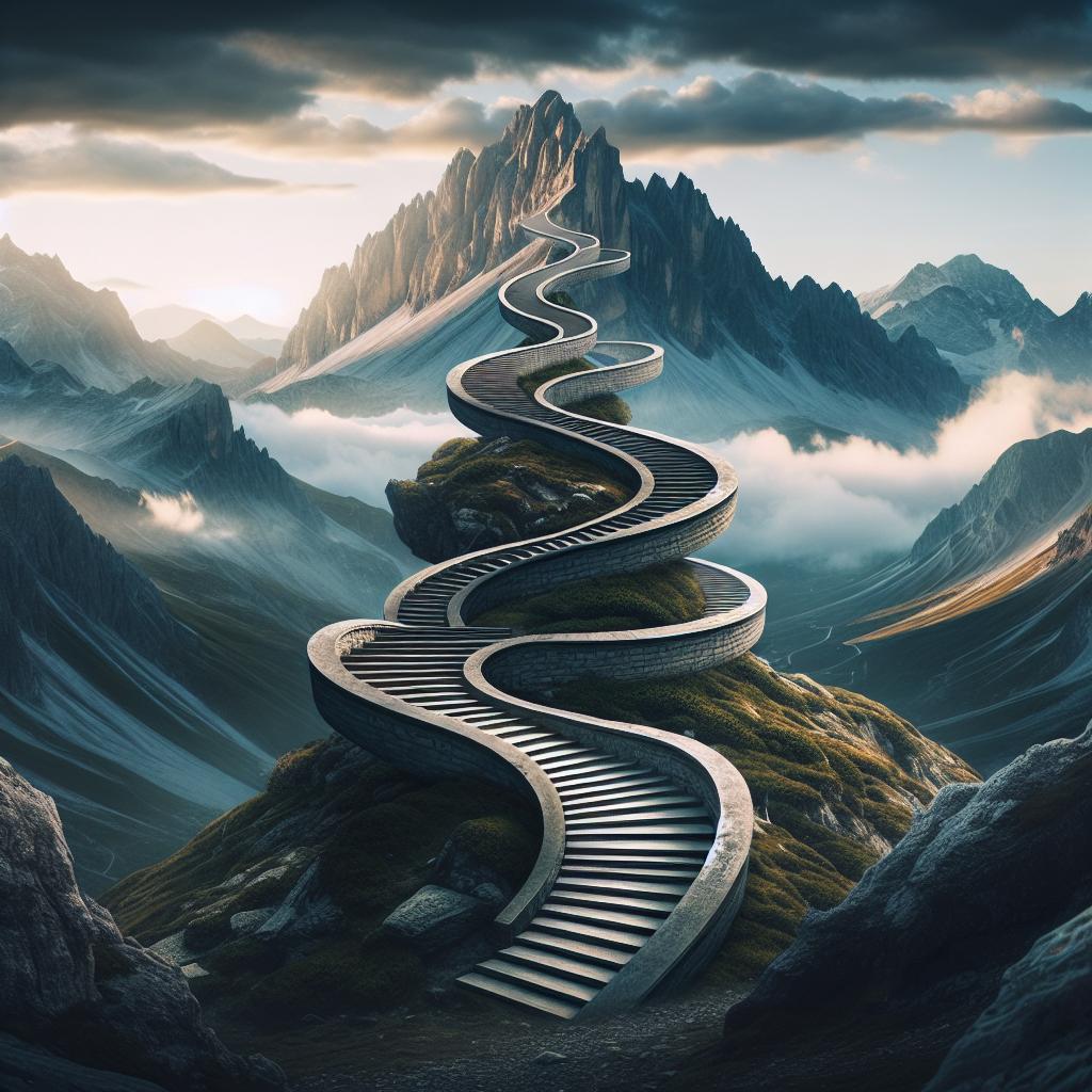 A twisting staircase ascending a picturesque mountain, symbolizing life's unpredictable journey with its ups and downs.