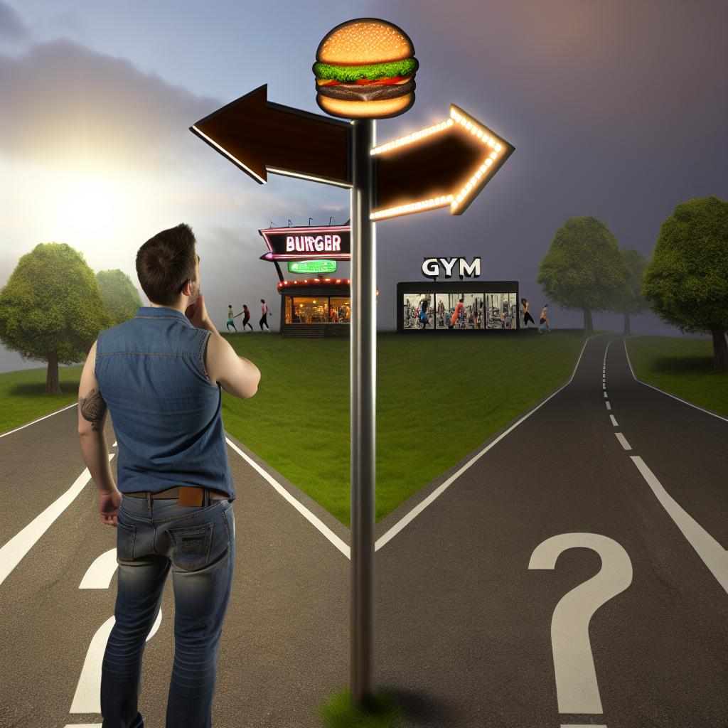 A person stands at a fork in the road, one path leading to a burger joint and the other leading to a gym.