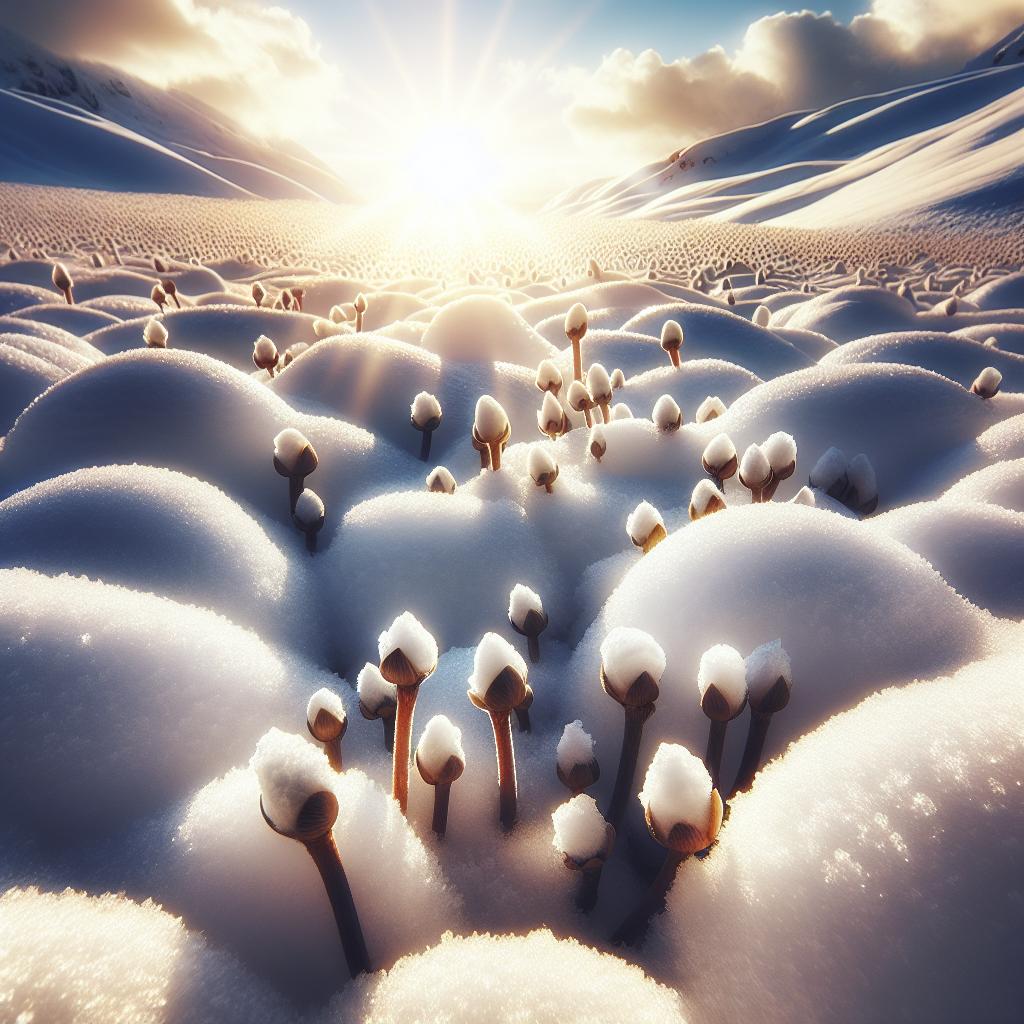 Picture a snowy landscape with buds pushing their way through the layer of white as they reach towards the sunlight above.