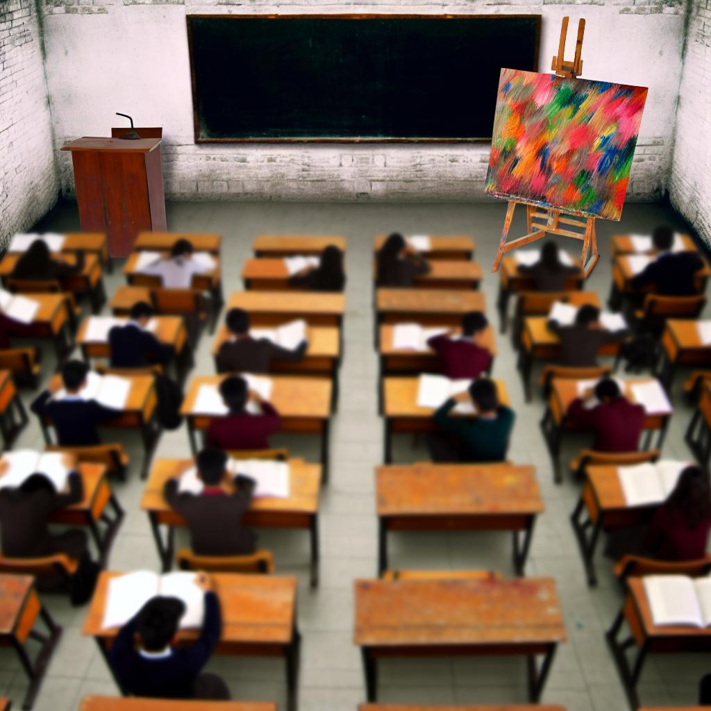 A classroom preoccupied with invisible textbooks while a vibrant canvas collects dust on an easel in the corner.