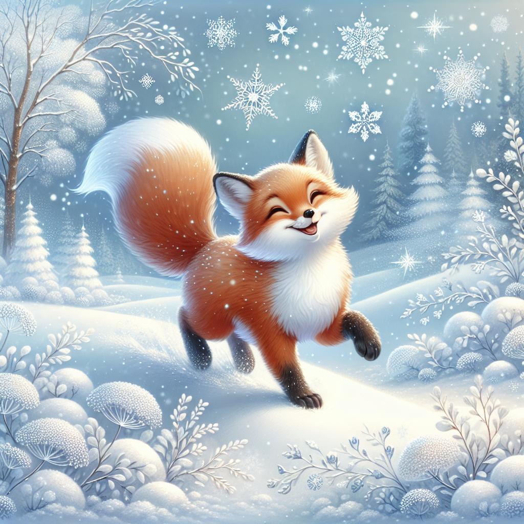 An illustration of a serene snowy landscape, with a joyful fox skipping through the powdery snow, surrounded by delicate snowflakes cascading from the sky.