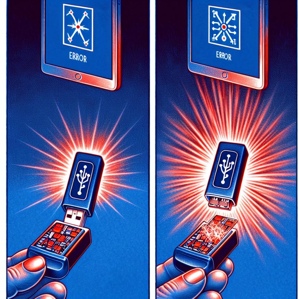 A picture of a USB drive connected to a device, with a red error message on the screen next to it, but after flipping the USB drive and reinserting it, the error disappears and the device functions smoothly.