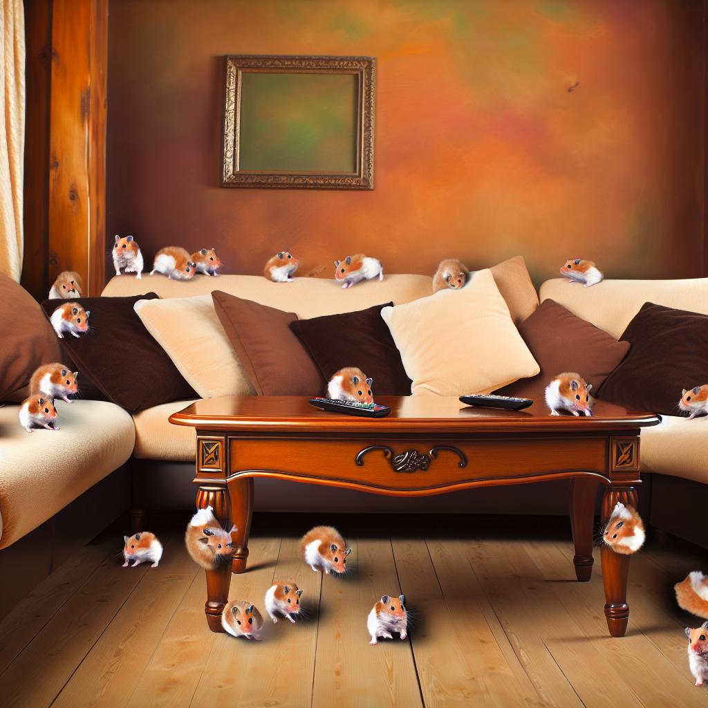 A cozy living room is suddenly transformed as dozens of hamsters roam and turn the place upside down, showing that sometimes even the tiniest unexpected guests can change your world in funny ways.