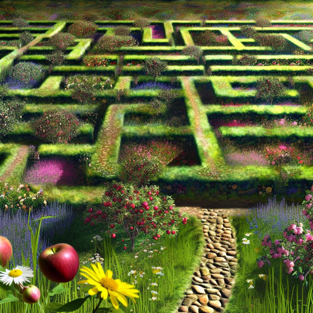 A maze-like system of pathways leading up to a lustrous and fruitful garden.