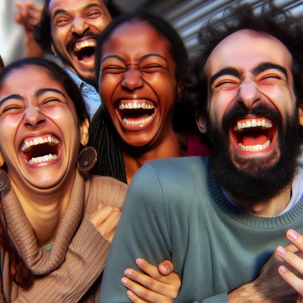 A comical situation unfolds as two laughing individuals spreads cheer to passersby who can't resist joining in the laughter.