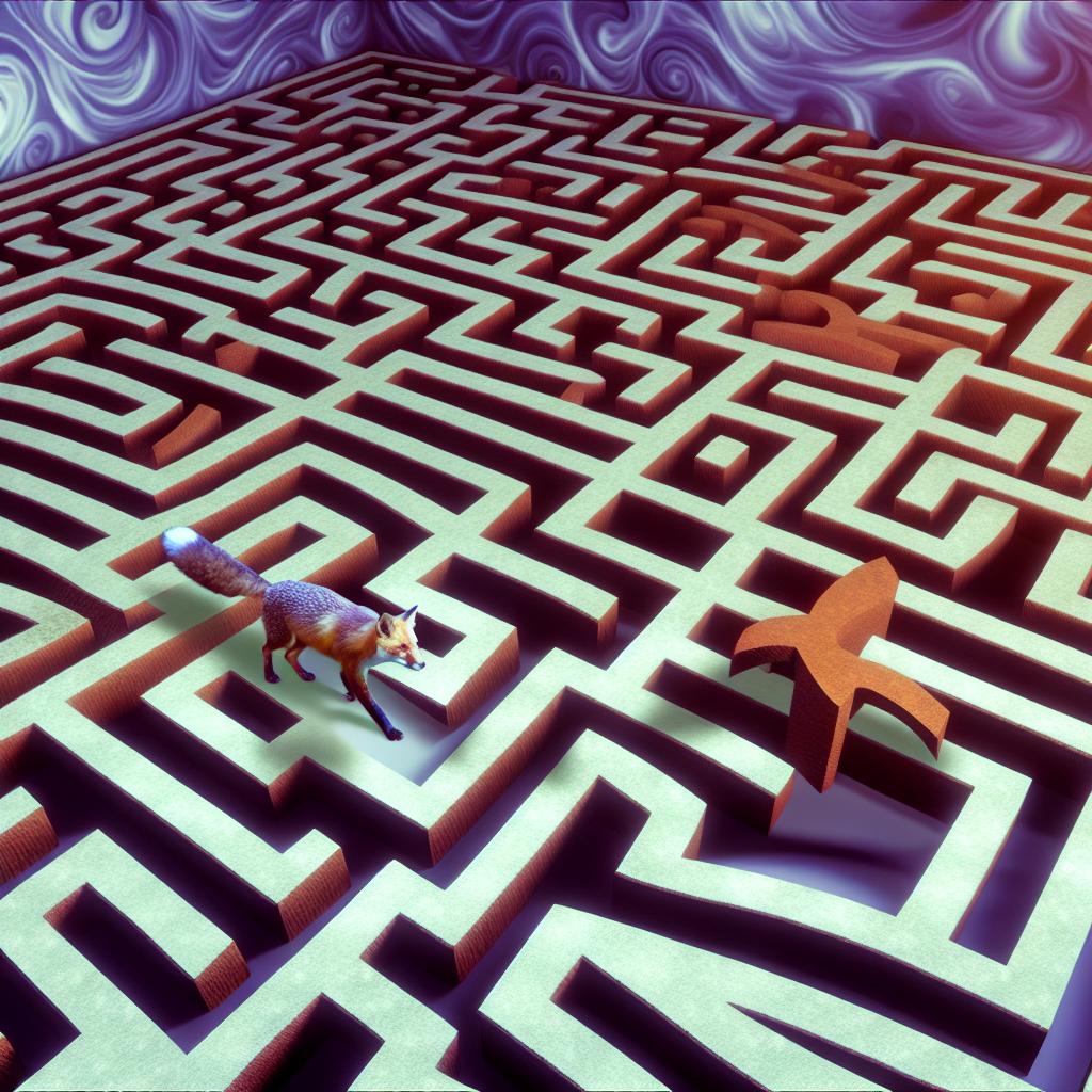 Imagine a beautiful, fantastical maze with twists and turns, where the tricky fox gracefully keeps his balance while scouting the best path to navigate the maze successfully and outmaneuver those who covet his position and influence.