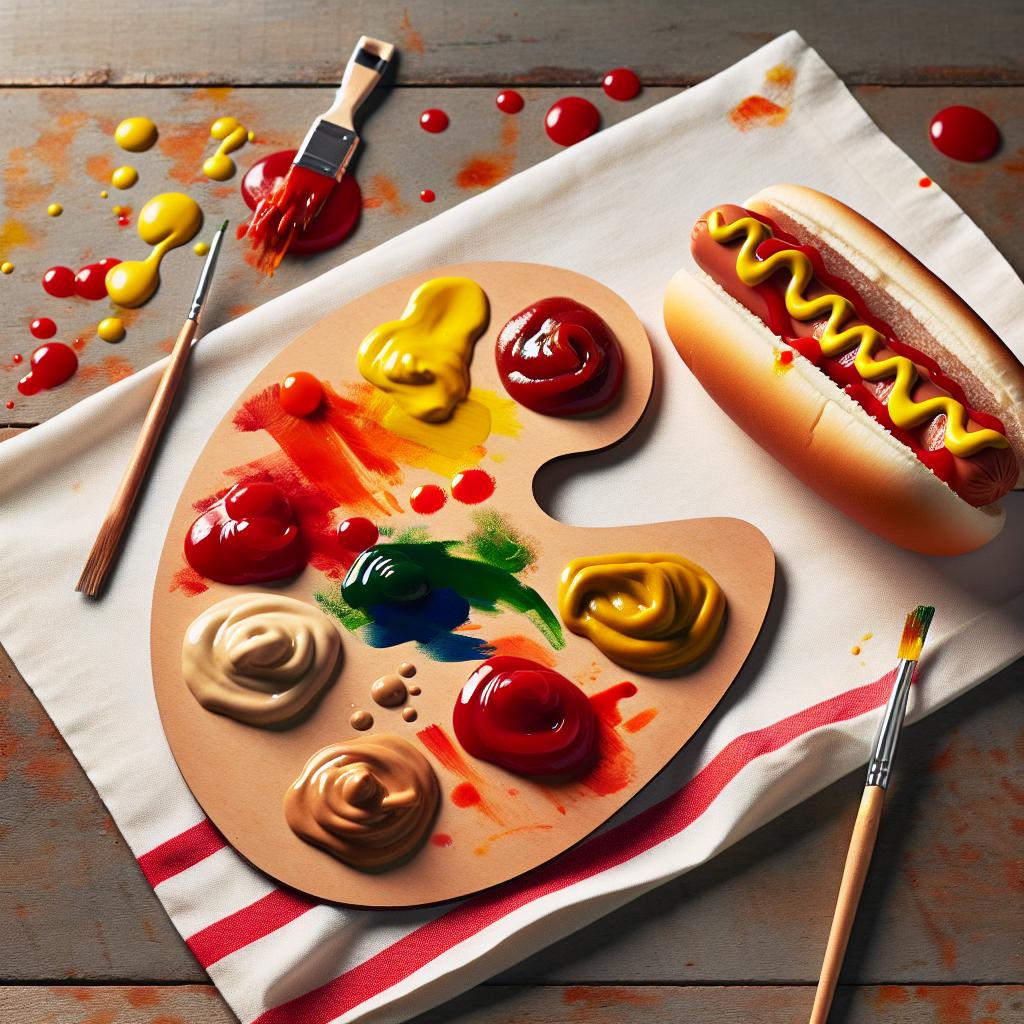 An artist's palette filled with vibrant colors and various condiments, ready to jazz up a plain hotdog and make it extraordinary.