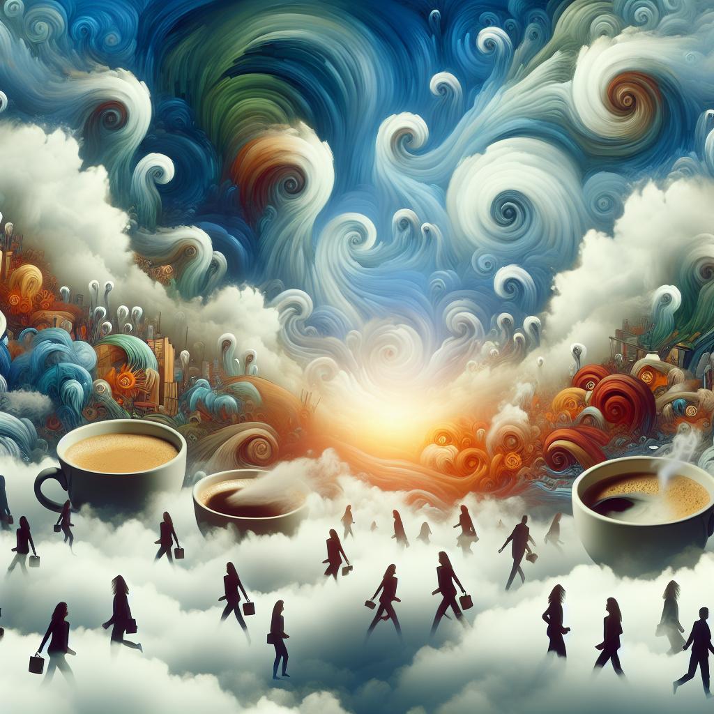 Imagining a steam-filled environment where swirling coffee cups appear amidst the chaos, symbolizing finding peace and focus within busyness.