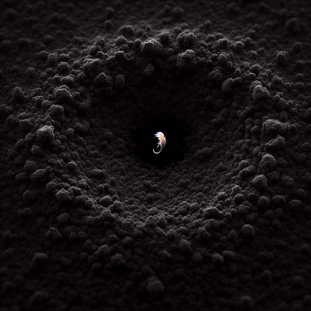 A tiny creature surrounded by darkness, untouched and steady.