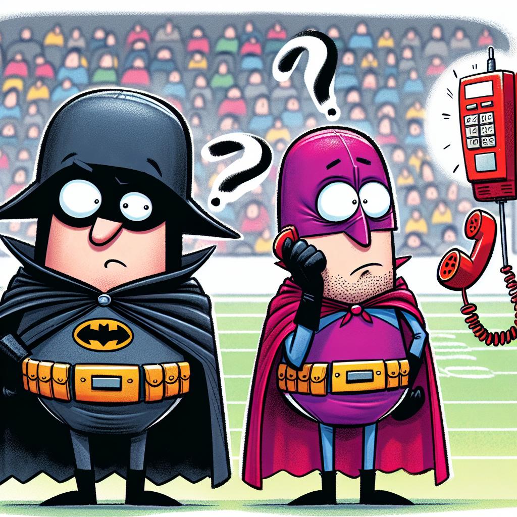 A whimsical cartoon showing Batman and Robin with puzzled expressions at a football game, ignoring a ringing Batphone in the background.