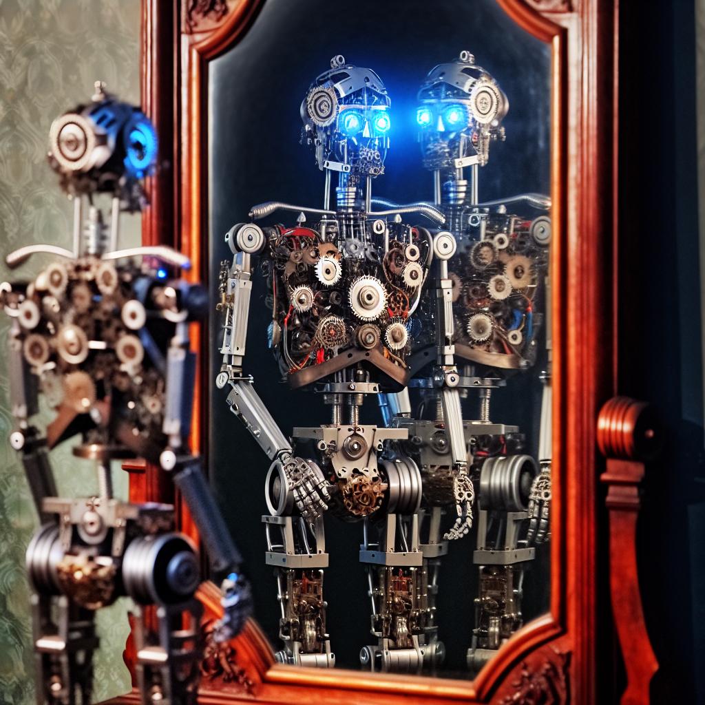 A robot looking in a mirror, pondering its own complexity.