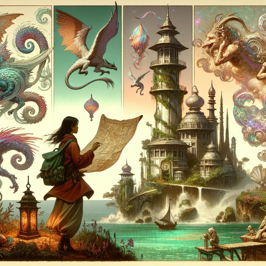 Picture a traveler with a map fluttering in the wind, surrounded by whimsical landmarks and magical creatures.