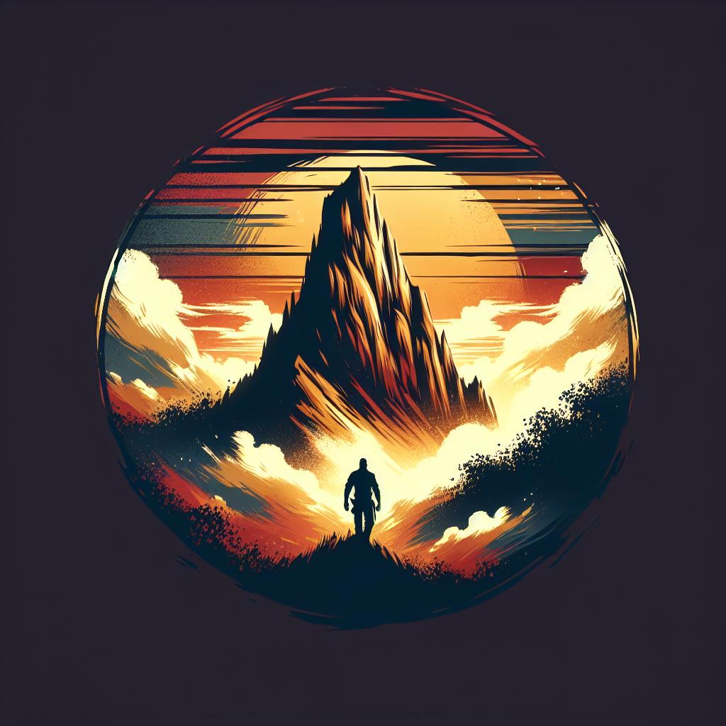 An image of a sunset casting a golden light on a rugged mountain, symbolizing a personal journey towards discovering inner strength and resilience akin to a hero named Arnold.