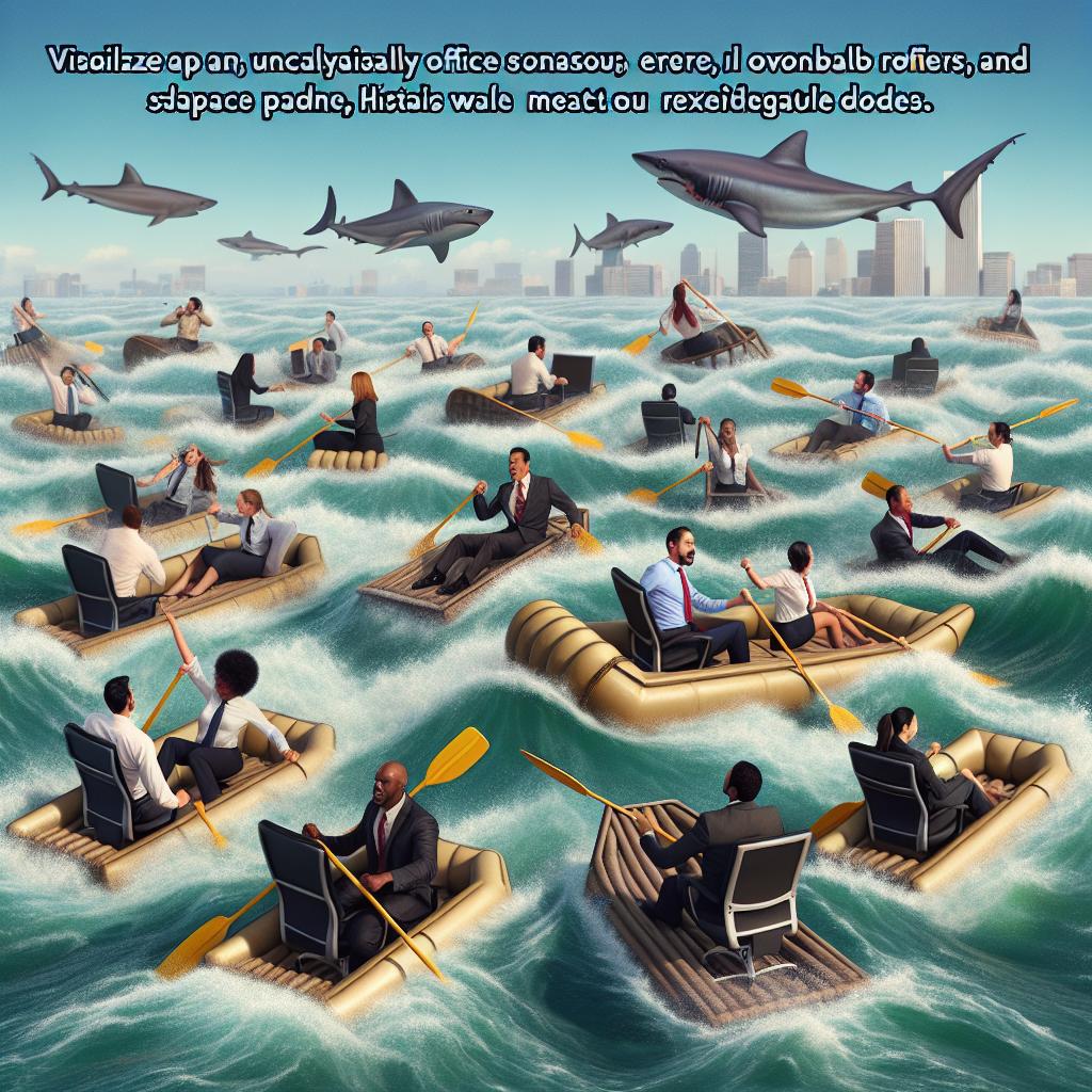 Imagine a chaotic office setting with a river instead of carpet, desk chairs replaced by rafts, and people paddling frantically to meet looming deadlines while dodging metaphorical sharks.