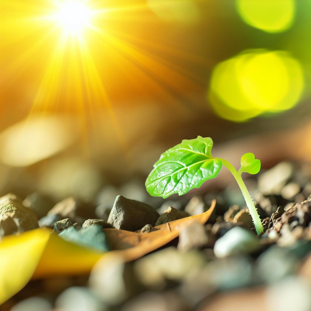 A small sprout pushing through various obstacles towards the sunlight, showcasing the power of resilience.