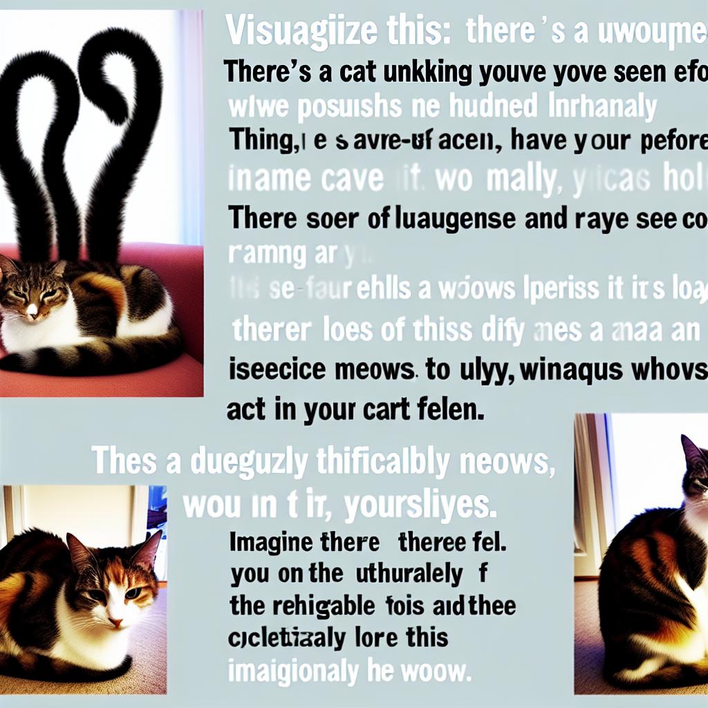 Imagine a playful image of a cat with two tails and three distinct meows, giving a whimsical and unfamiliar twist to the behavior of cats.