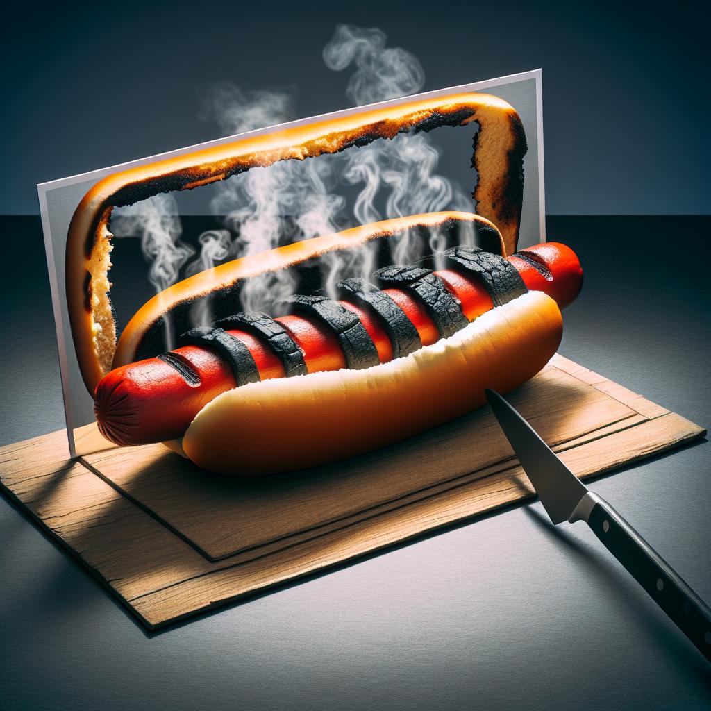 Picture a delicious-looking hotdog that, upon closer inspection, is burnt and filled with smoke, warning against appearances and temptations.