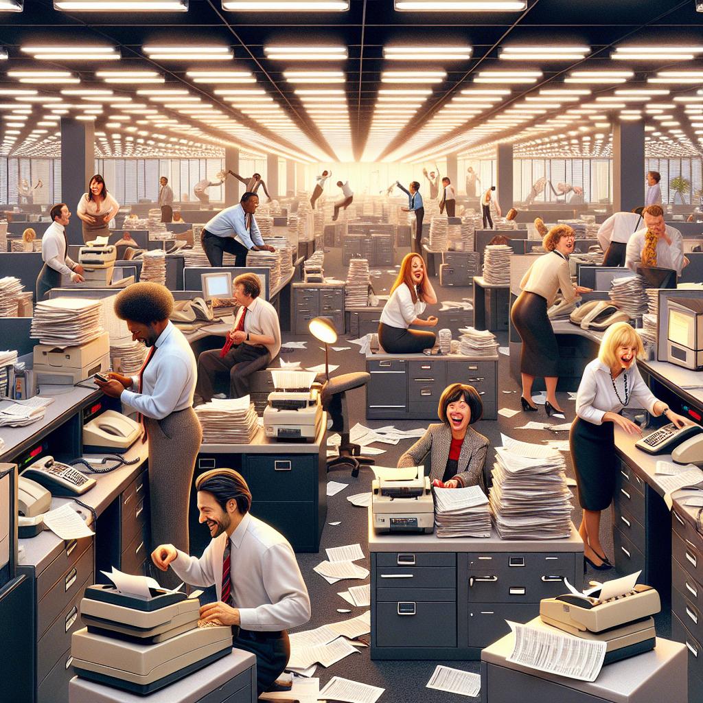 Imagine a busy office scene with hilarious mix-ups and misunderstandings occurring amidst a backdrop of productivity and outdated fax machines.