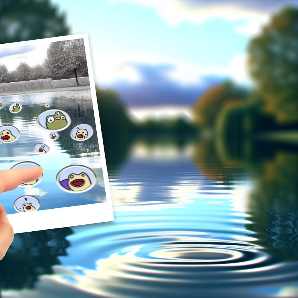 Imagine a tranquil pond with whimsical images floating on its surface, symbolizing the ephemeral nature of memes lasting in the online world.