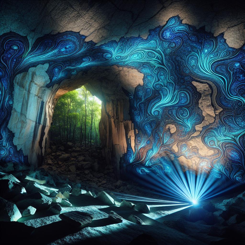 A shadowy cave revealing intricate, glowing patterns on a wall illuminated by a single beam of light.