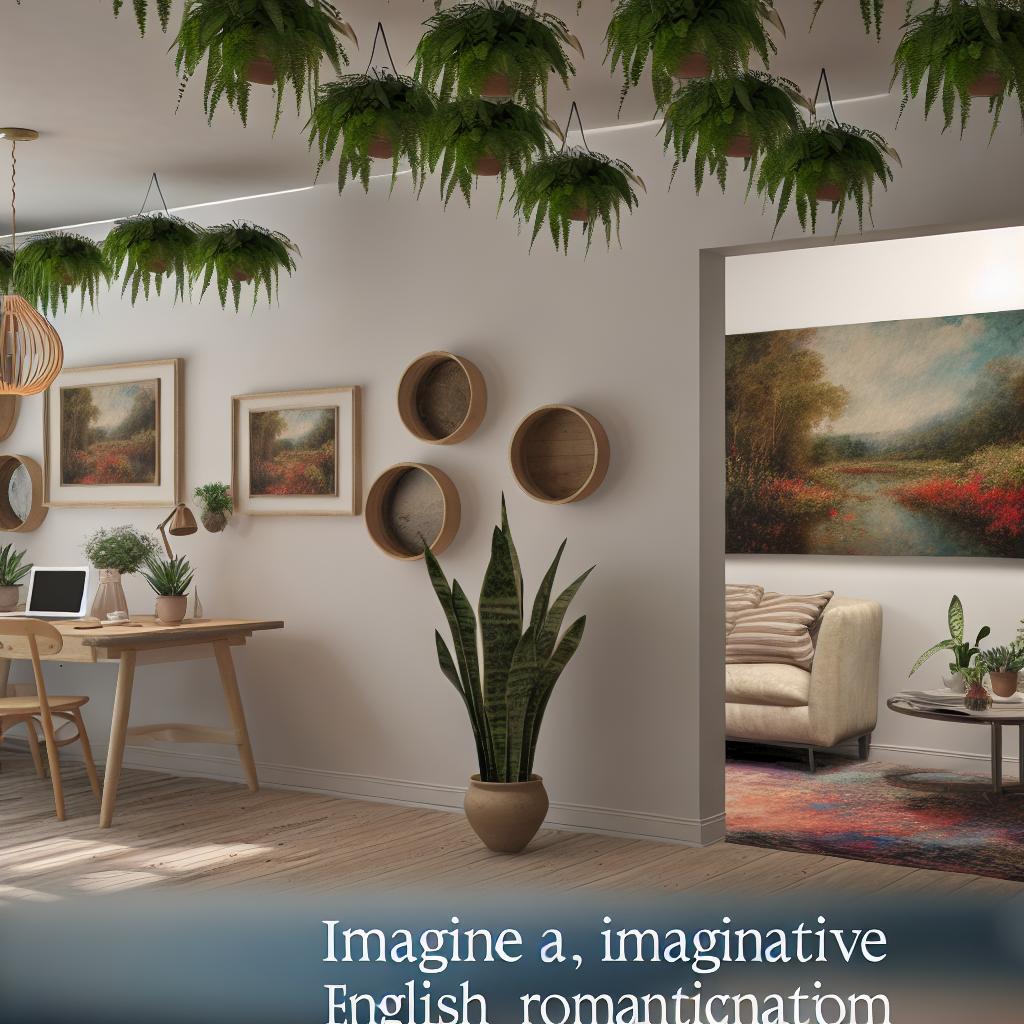 Picture a vibrant, imaginative home office setup with hanging plants, art inspiring creativity, and a serene atmosphere revealing a blissful ideal of productive isolation.