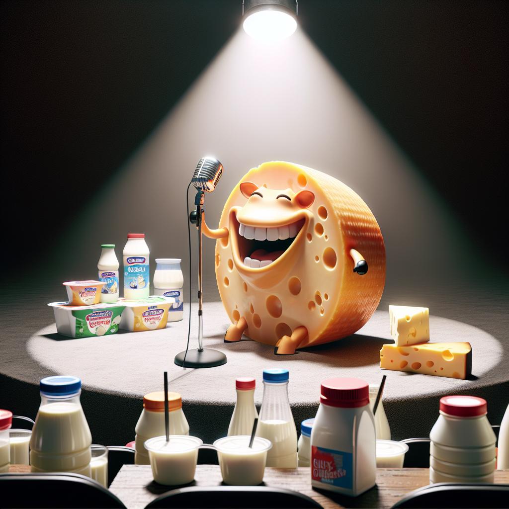 Imagine a round of cheese holding a microphone on a stage with an audience made of various dairy products, one of which is a laughing cow.