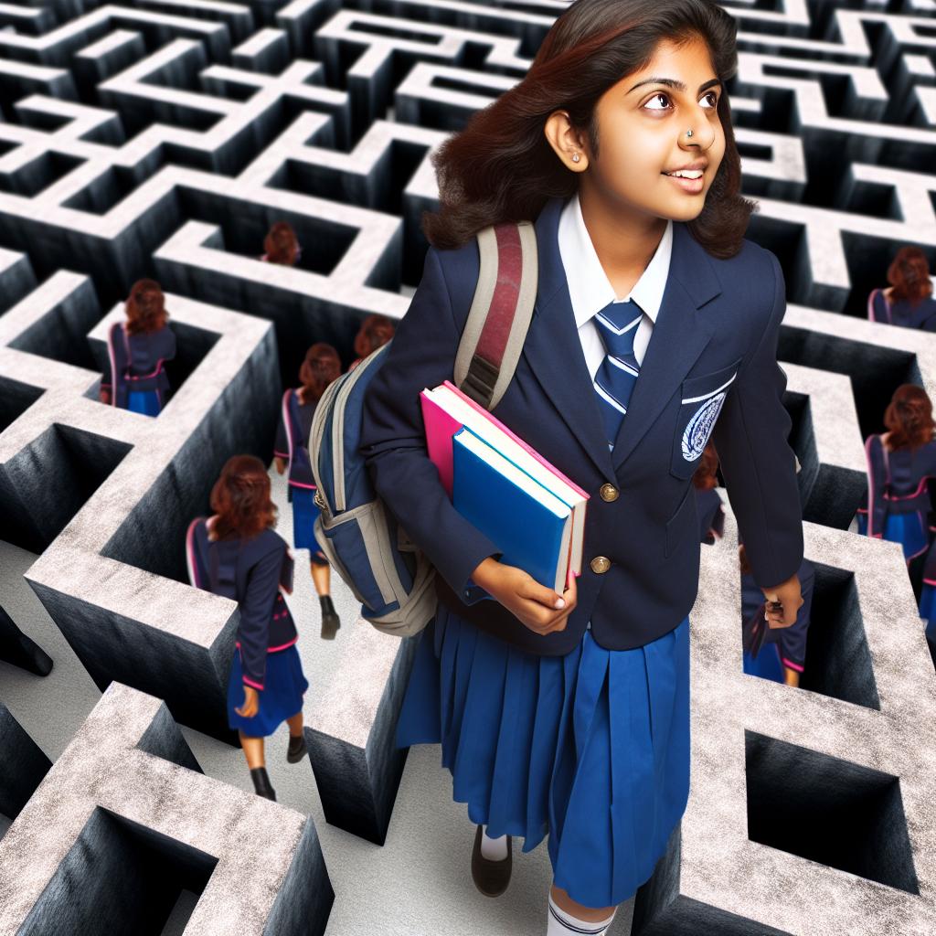 A student walking through a maze, taking a different turn from the rest, yet finding the way out in an unexpected manner.