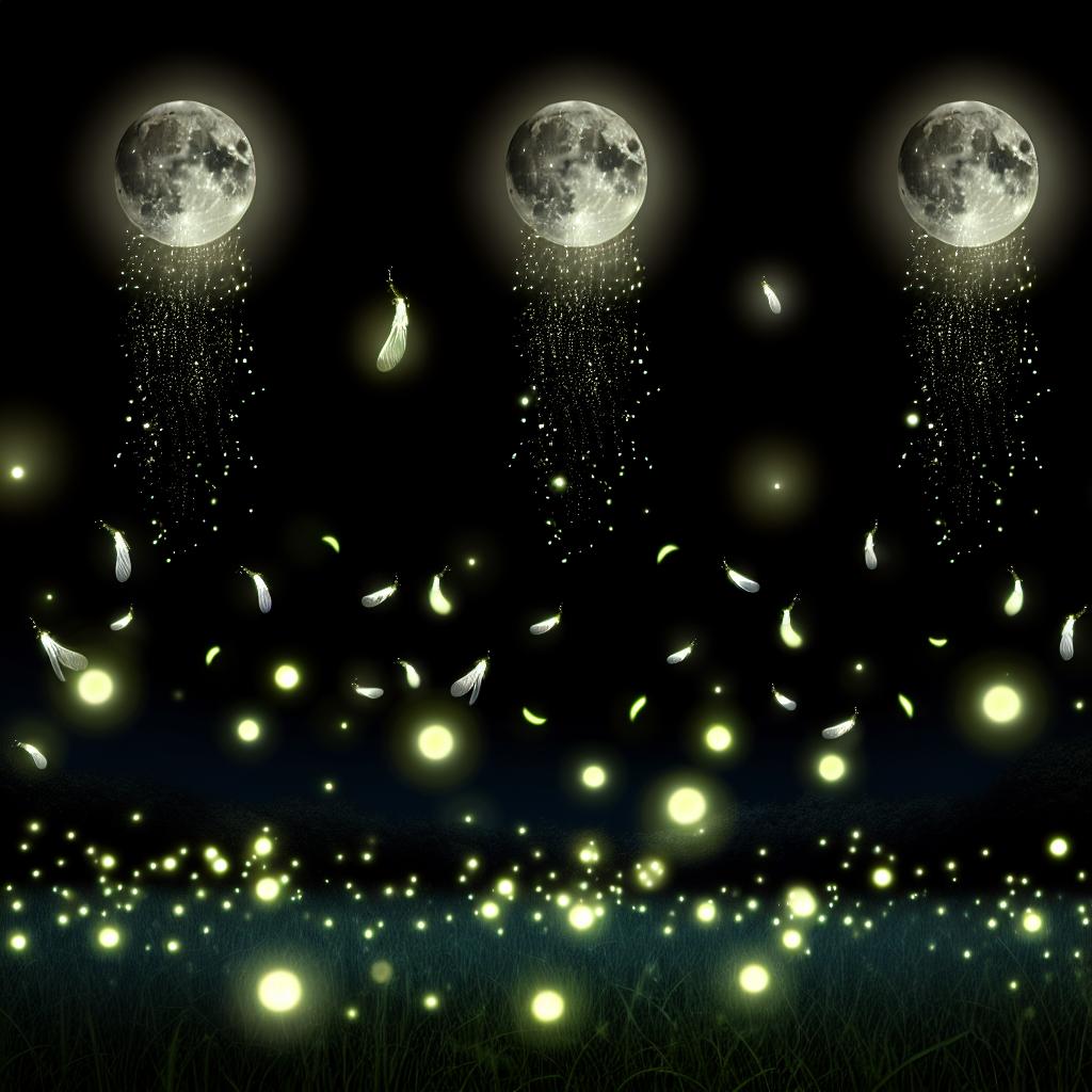 Imagine fireflies lighting up a serene night sky while moons shed tears of happiness.