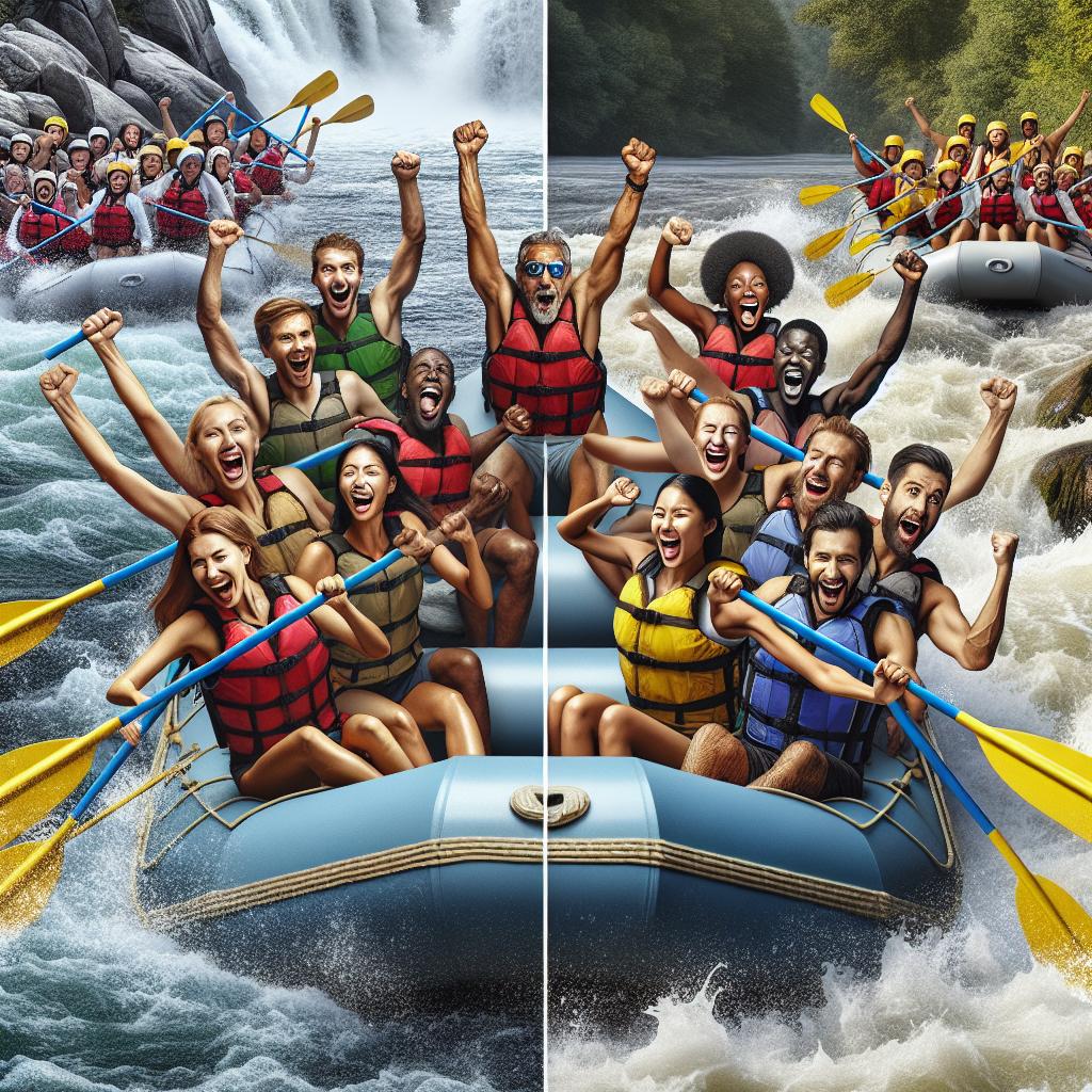 Imagine a variety of white water rafters navigating through calm and turbulent waters, some folks enjoying the ride while others are hanging on tight.