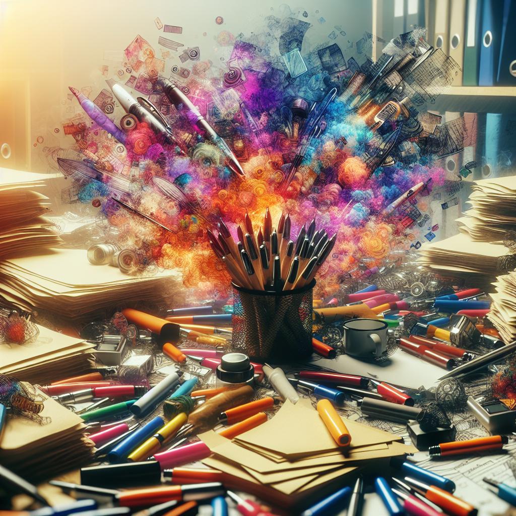 A cluttered desk with brightly colored pens, surrounded by papers and files, with a dreamlike atmosphere.