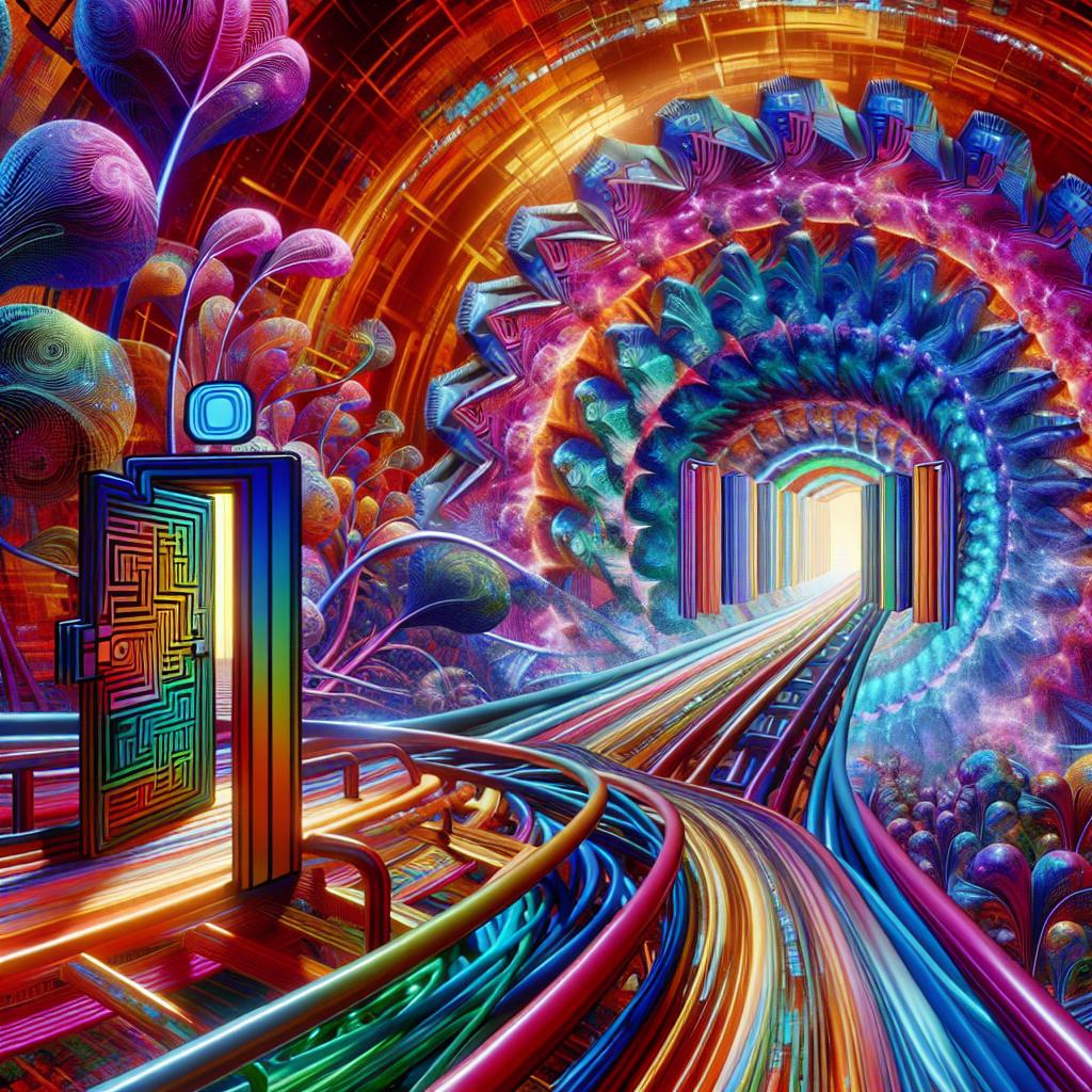 Imagine a rollercoaster ride through a kaleidoscope where portals of internet culture appear unexpectedly, bright and colorful, each leading to a never-ending surprise.