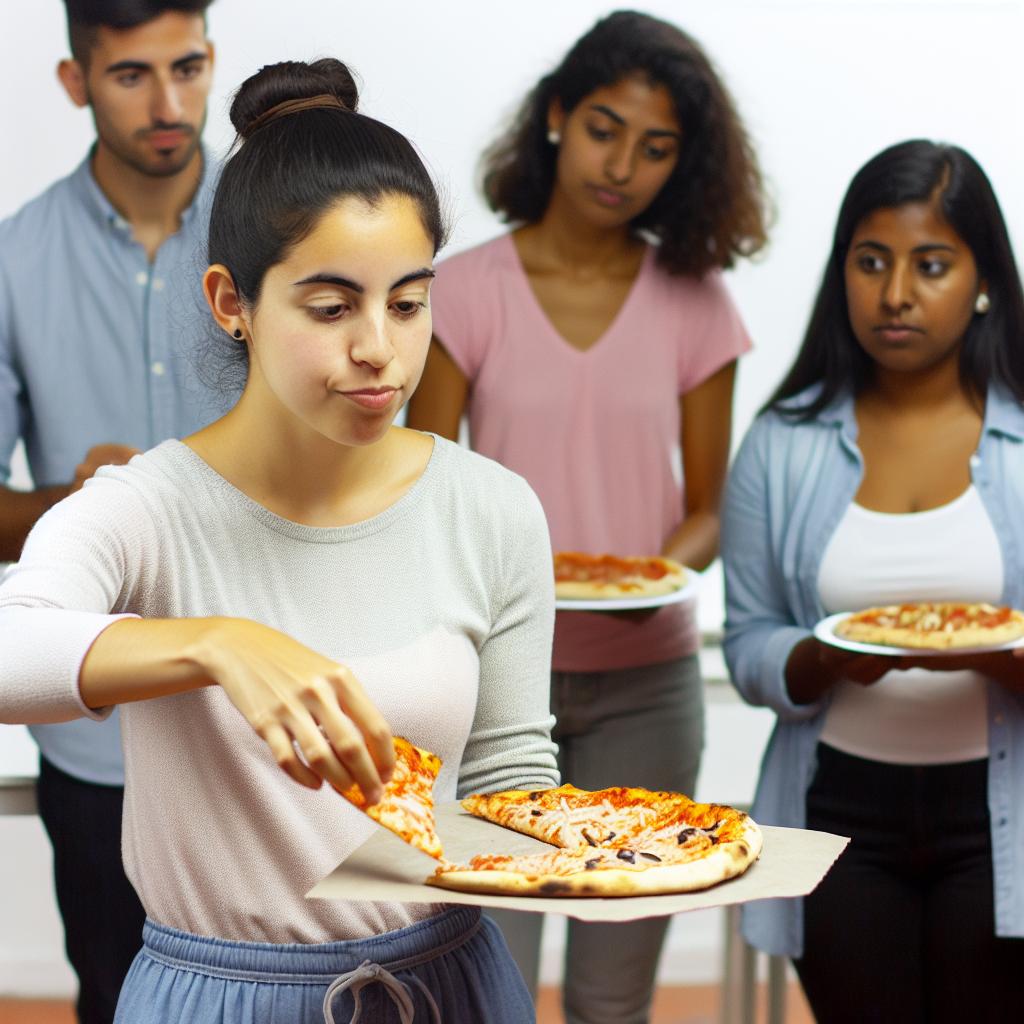 A person slicing a pizza with a discontent expression, while others around eye each slice with different reactions.