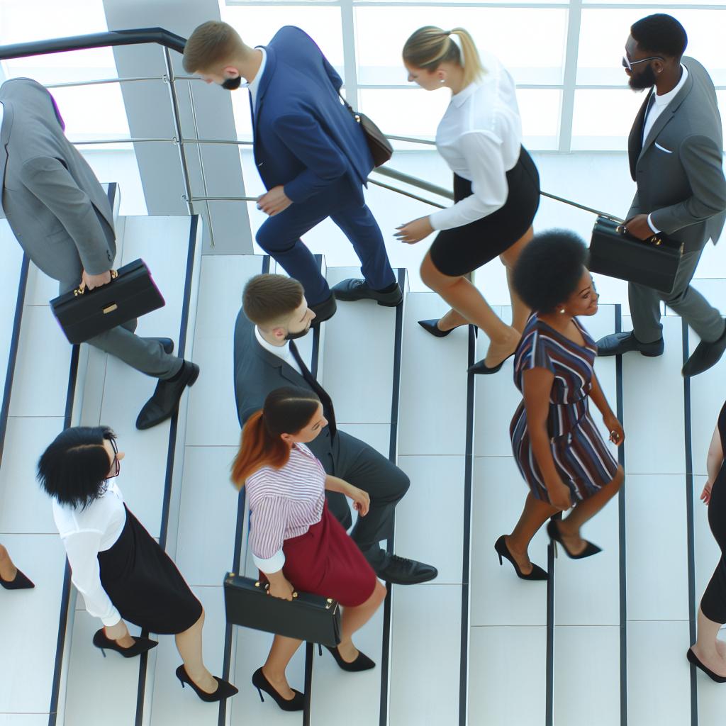 A group of workers in skirts and suits navigate a winding staircase, some rising higher while others bowing down, illustrating the complexities of office politics.