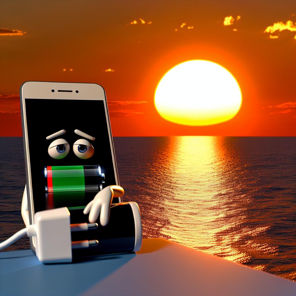 Picture a tired smartphone resting peacefully near a glowing sunset, preparing for a rejuvenating recharge.